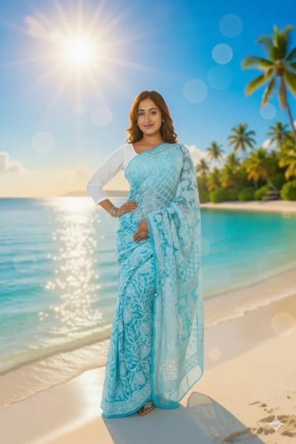 Chiffon blue with Authentic Chikankari design