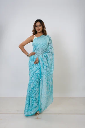 Aqua Blue Chikankari Saree
