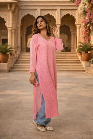 Women’s Peach Pink Embroidered Straight Kurta