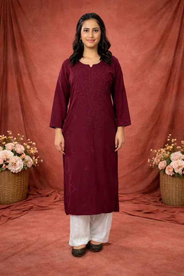 Women’s Maroon Embroidered Straight Kurta
