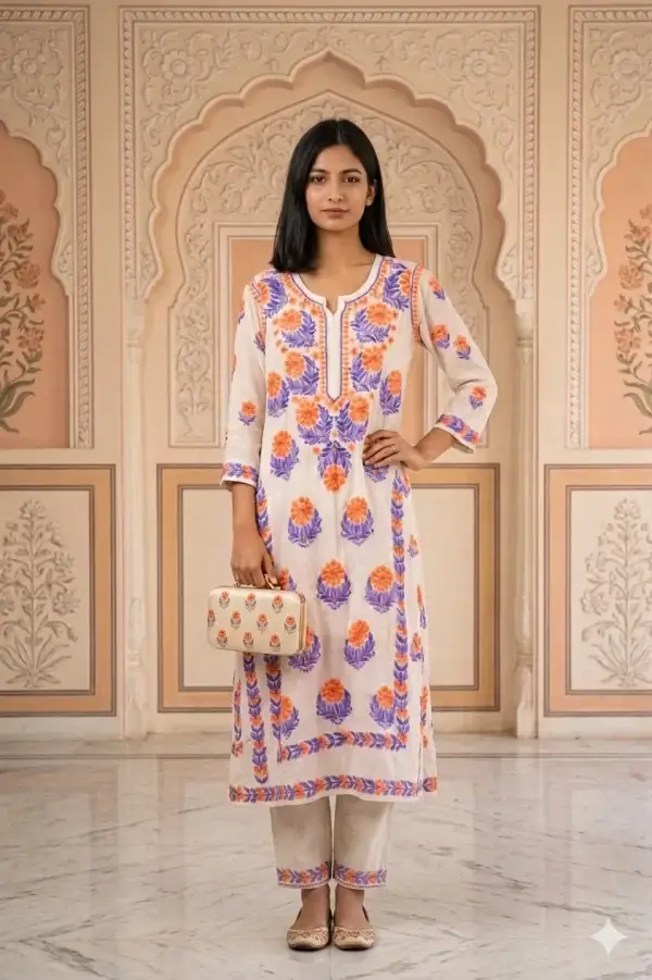 Ivory Floral Embroidered Cotton Kurta with Orange & Purple Motifs