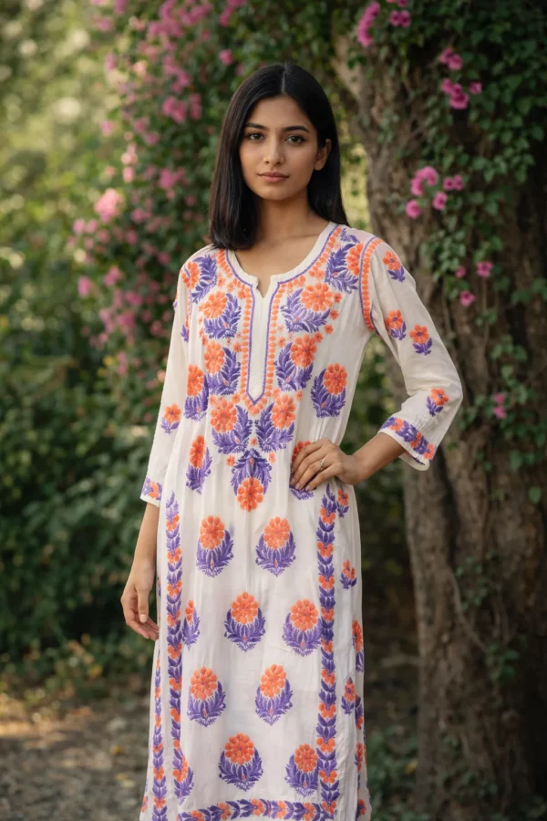 Ivory Floral Embroidered Cotton Kurta with Orange & Purple Motifs